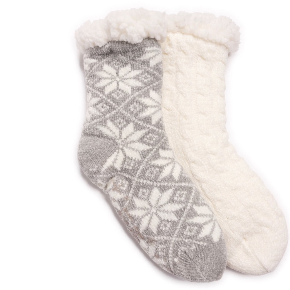 2pk Muk Luk cream & gray chenille faux fur non slip mid-calf height socks L/XL